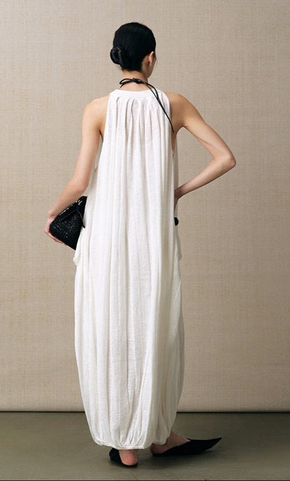 ZHUCHONGYUN white sleeveless gathered neckline balloon hem dress-NID.