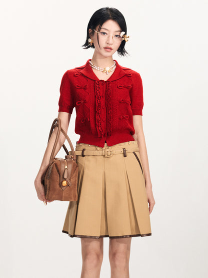 FAME Bow Beaded Knitted Short Sleeve Cardigan Top - AVA.
