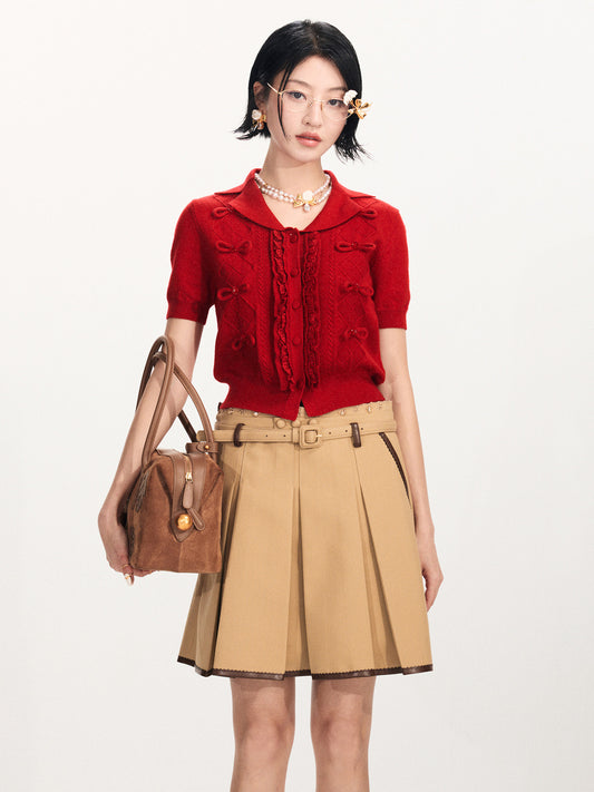 FAME Bow Beaded Knitted Short Sleeve Cardigan Top - AVA