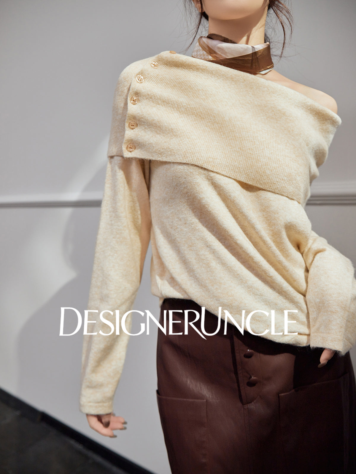 DGU| Dark gray knitted striped slanted shoulder buttons loose design pullover top - Joseph.