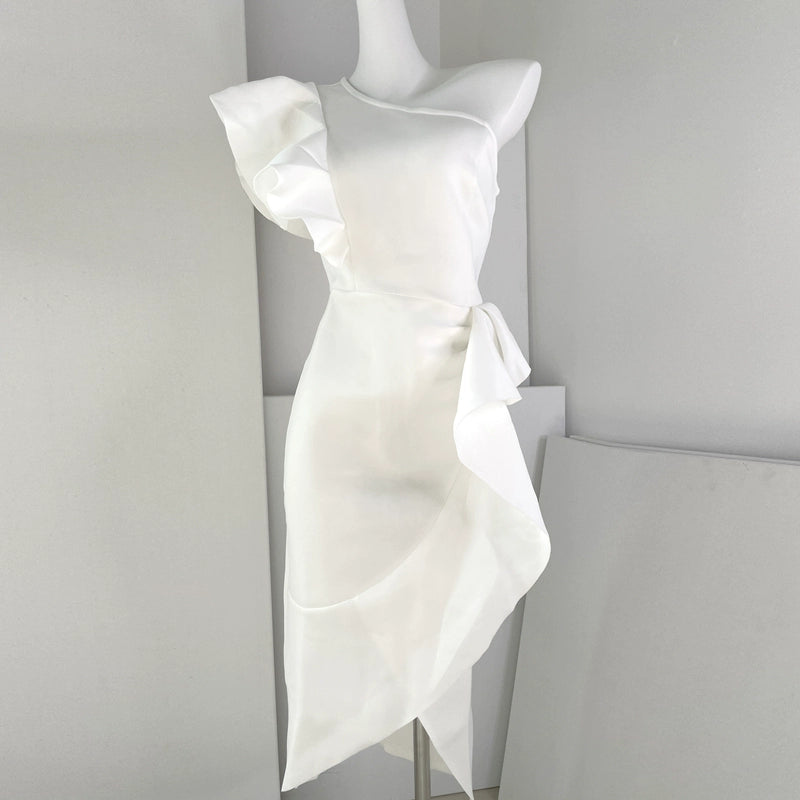 DOLLY Elegant Stylish Ruffle Off Shoulder Slim Fit Midi Slit Dinner Dress-LEOLA