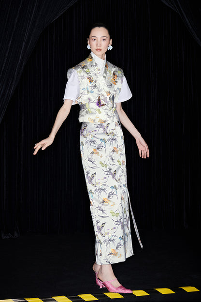 M essential Mackay designer butterfly beaded quilted cottonskirt vest shirt set - toes.