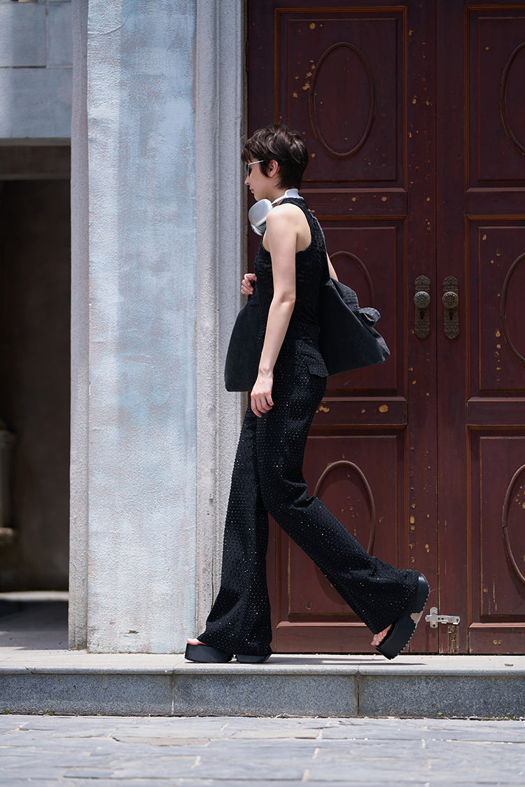 ANNAKIKI Triacetate Hollow Four-pointed Star Full Diamond Bootcut Pants-SATO