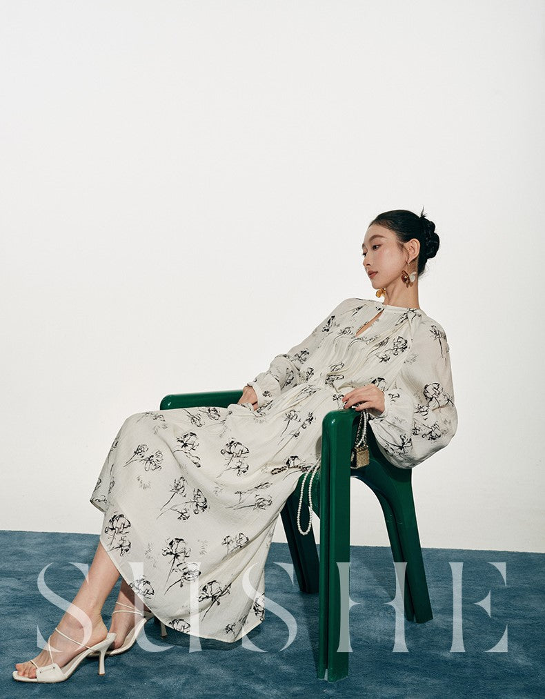 SUSHE white moonlight ink jacquard A-line  French summer long sleeve dress women-FLORA