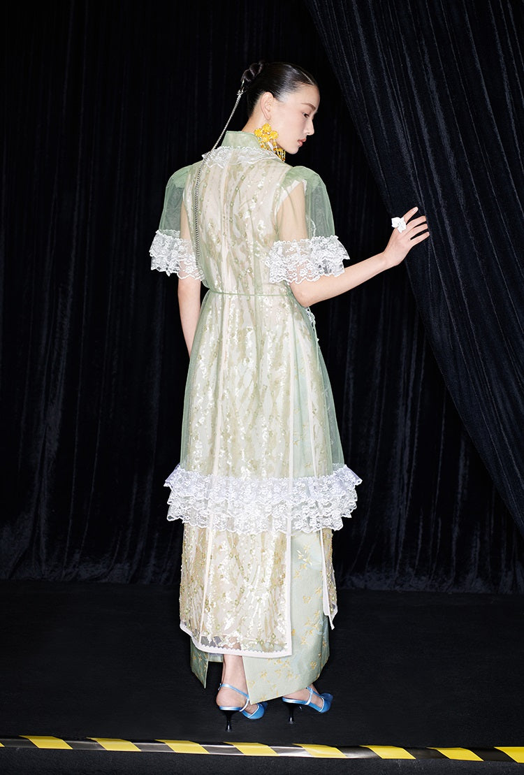 M essential Mackay designer Ear Mesh lace welt stand-up collar dress - DOUNT.