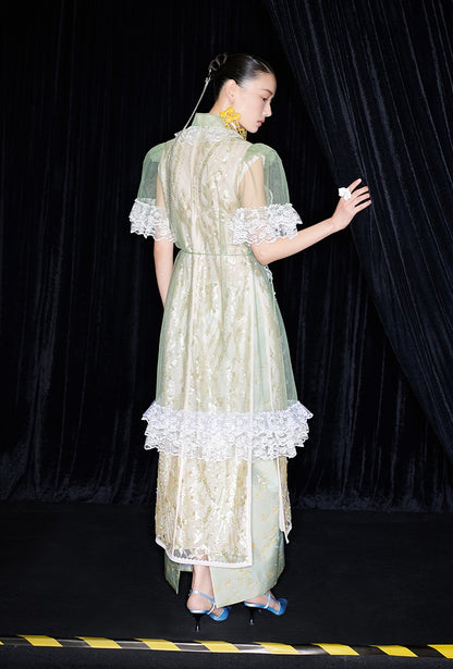 M essential Mackay designer Ear Mesh lace welt stand-up collar dress - DOUNT.