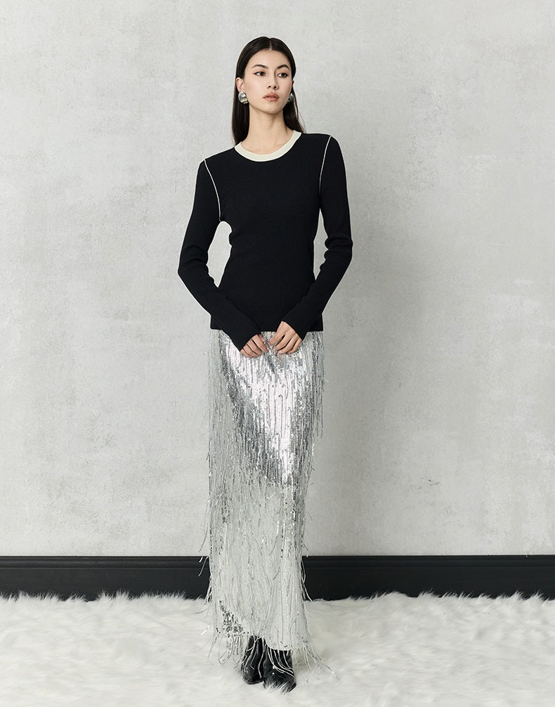 HECO 100% polyester Silver Black Sequins High Waist Slim Skirt Woman - sun.