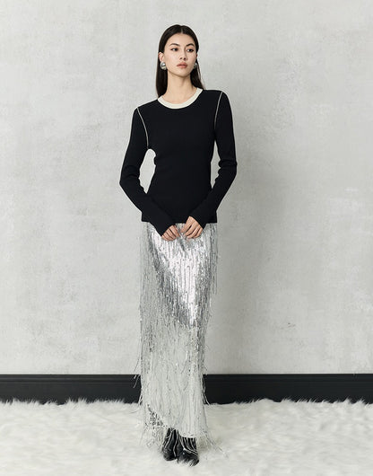 HECO 100% polyester Silver Black Sequins High Waist Slim Skirt Woman - sun.