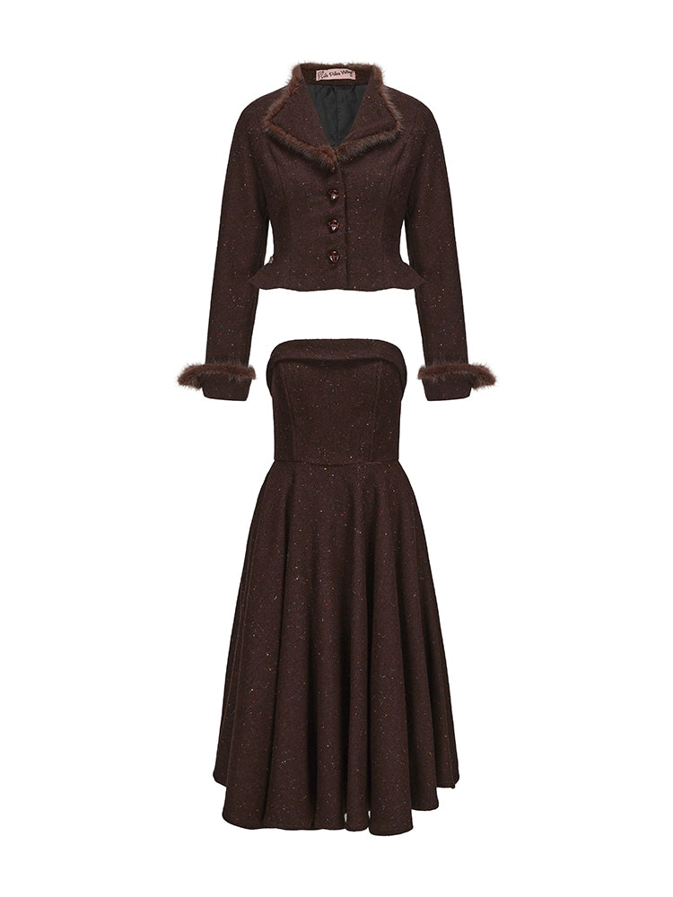 Le Palais Vintage Brown Mink Slim Jacket, Fishbone Skirt-LEE.