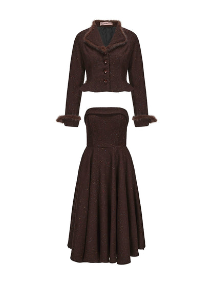 Le Palais Vintage Brown Mink Slim Jacket, Fishbone Skirt-LEE.