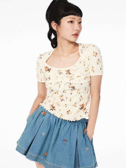 FAME island wave frolicking ruffled short-sleeved slim top - MIA.