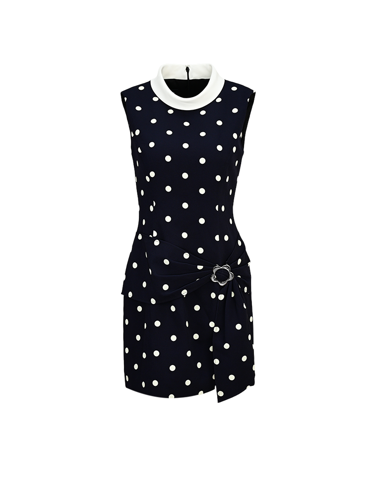 YES BY YESIR | Ye Qian Polka Dot Print Sleeveless Dress with Loop Knot & Deconstructed Charm-GENEVA.