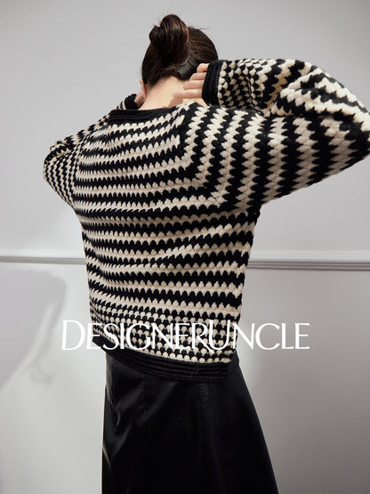 DGU "Twilight" black sweater women's new contrasting striped loose slimming knitted cardigan - MAINE.