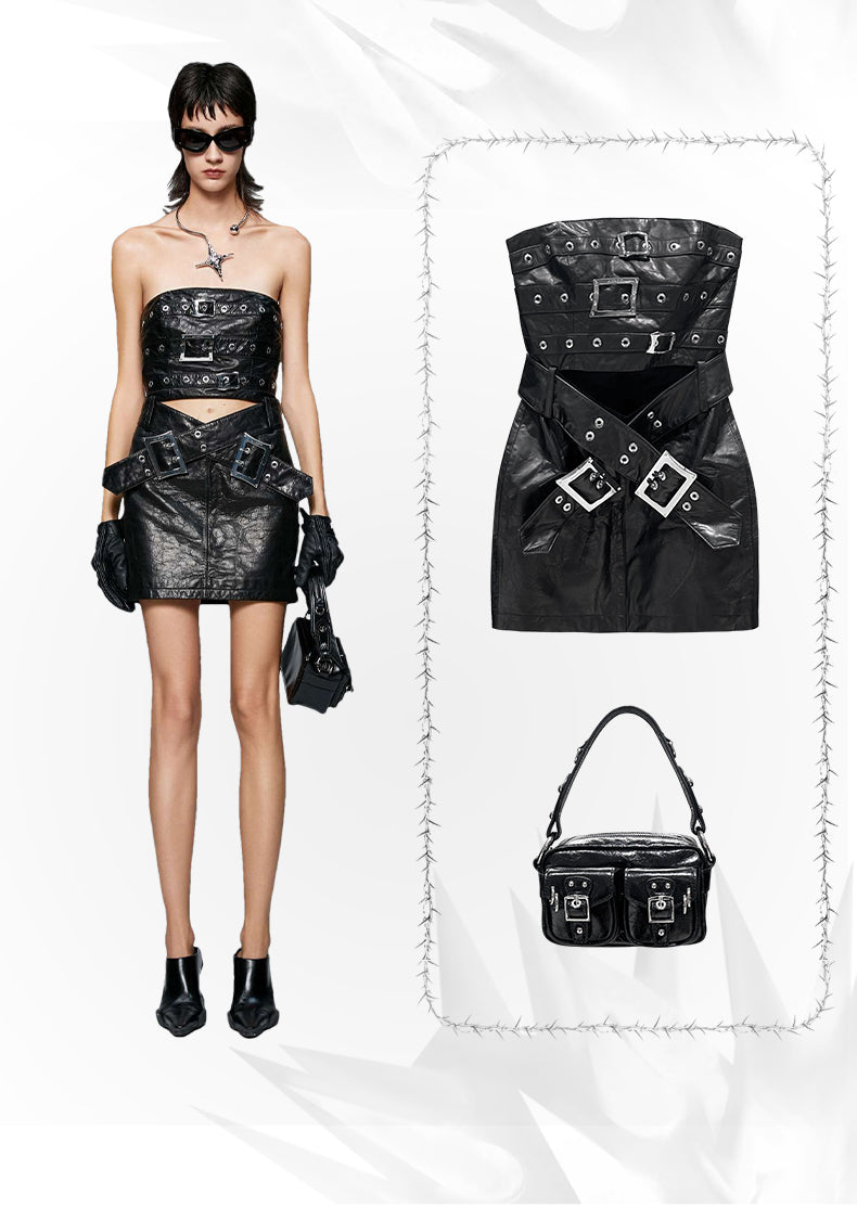 ANNAKIKI Niche designer black leather strappy bandeau dress-YUQI