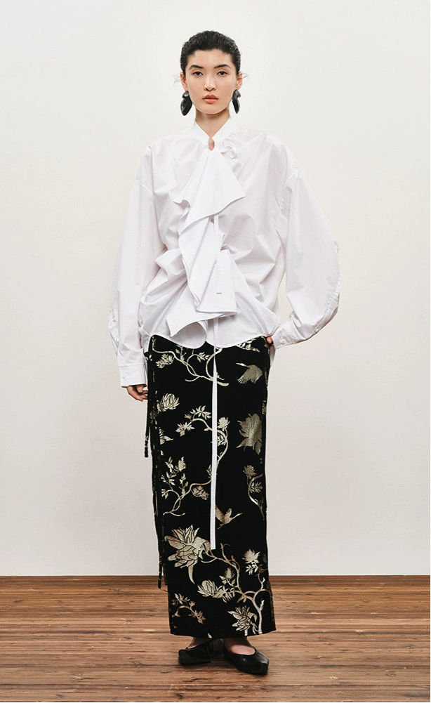 ZHUCHONGYUN drawstring placket loose straight white shirt-UMIE.