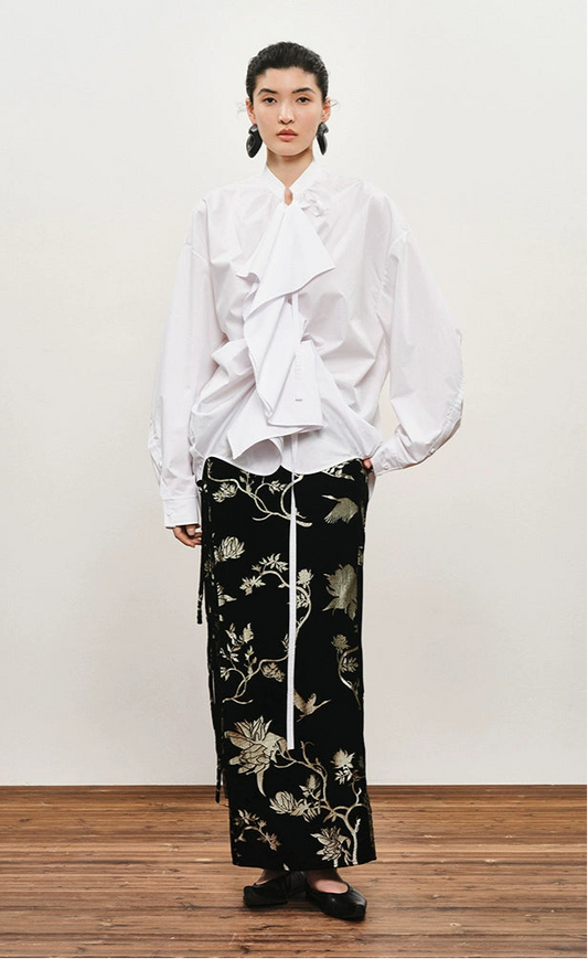 ZHUCHONGYUN drawstring placket loose straight white shirt-UMIE.