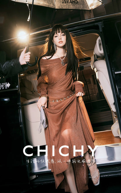 CHICHY design slanted shoulder mesh shirt long skirt three-piece-LIEN