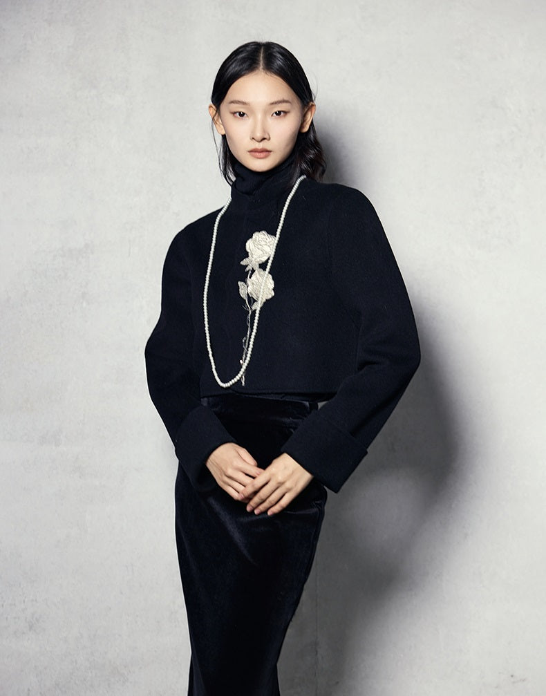 HECO 100% wool Embroidery Red black Short Double-Sided Tweed Jacket Women - out.