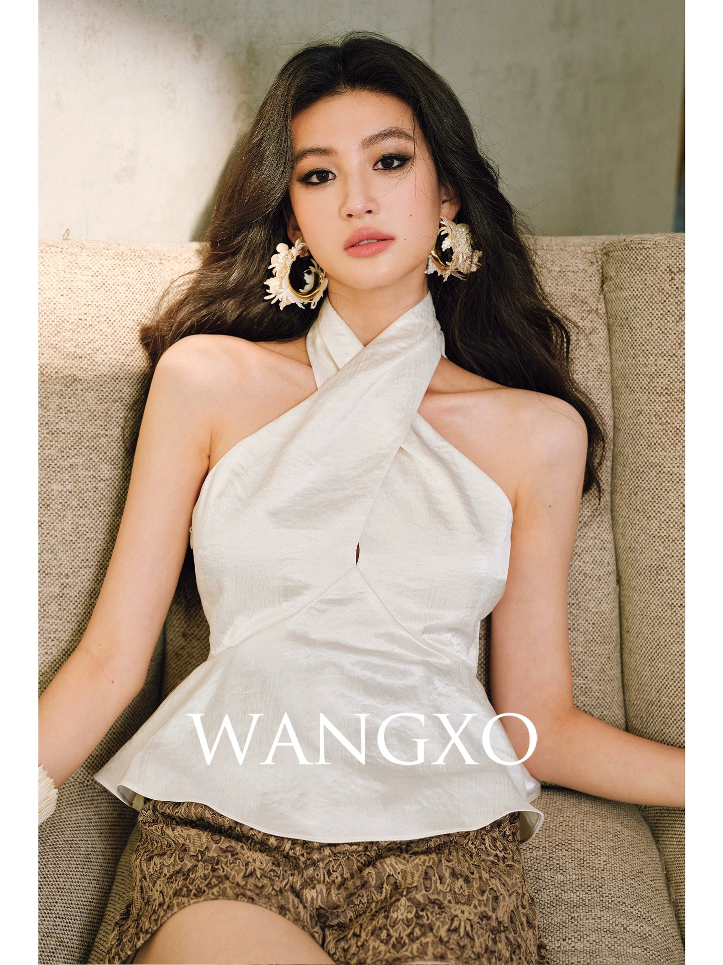 WANGXO Hand-Pinched Pleats Cross Halterneck Umbrella Swing Top with Sculpted Elegance -NYRA