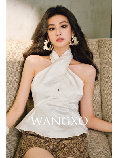 WANGXO Hand-Pinched Pleats Cross Halterneck Umbrella Swing Top with Sculpted Elegance -NYRA