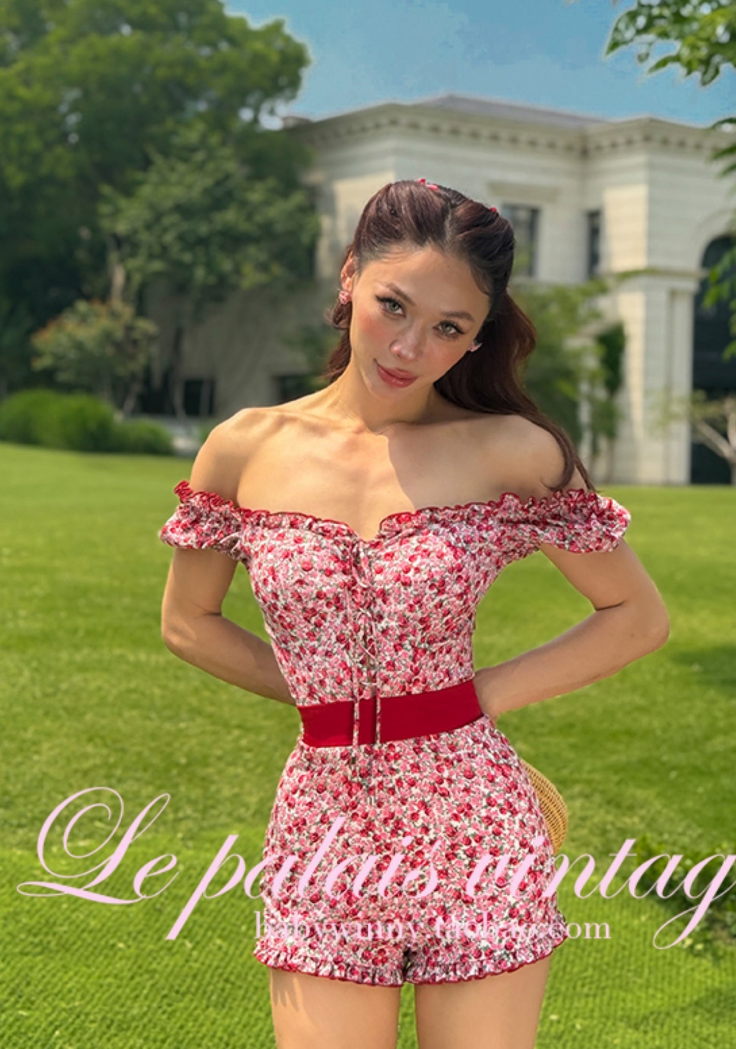 Le Palais Vintage Red Floral Off-the-Shoulder Slim One-Piece Shorts-NOSHIMA.