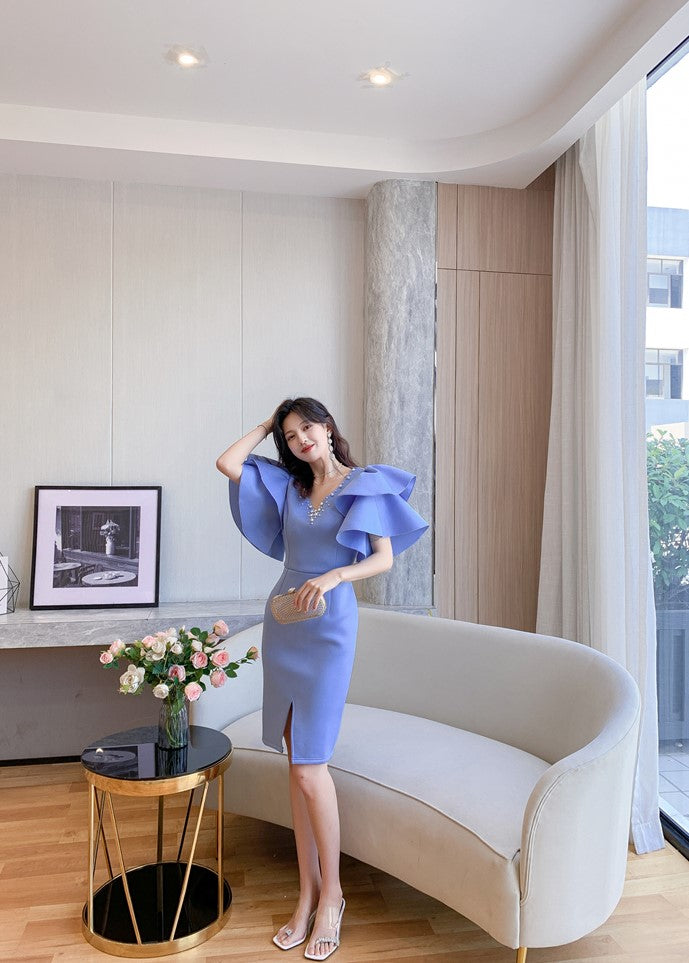 DOLLY Elegant V-Neck Short Ruffle Sleeves Slim Fit Midi Slit Office Dress- ilLA