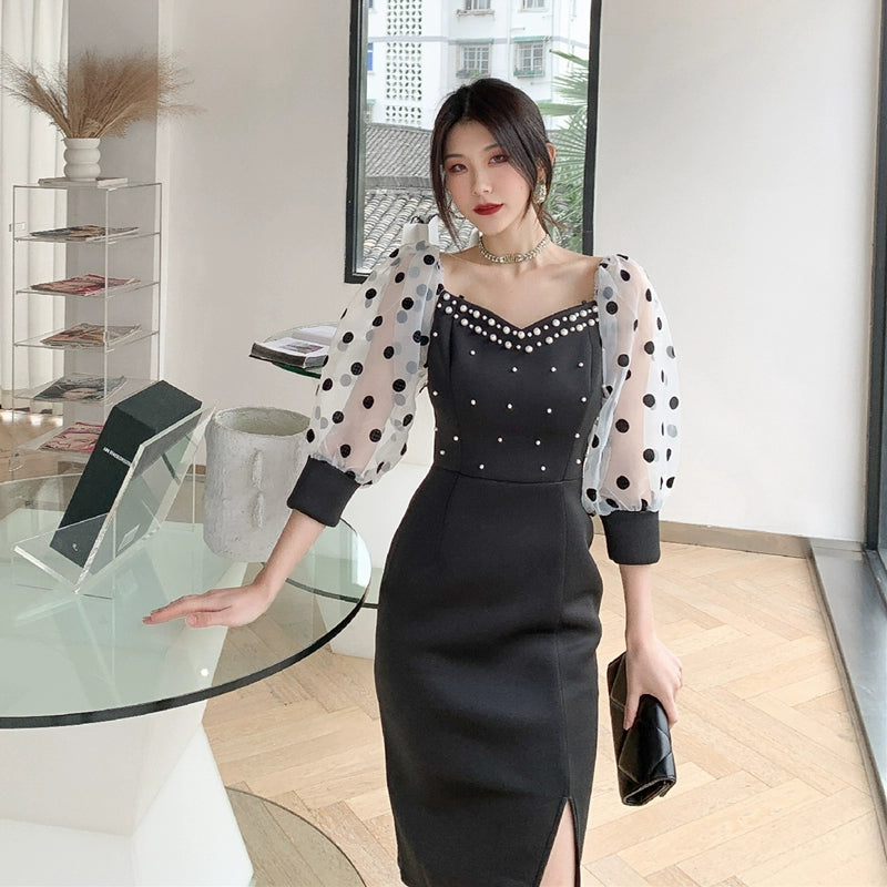 DOLLY Luxury Black Retro Style V-Neck Polka Dot Long Sleeve Slim Fit Dress-DEL