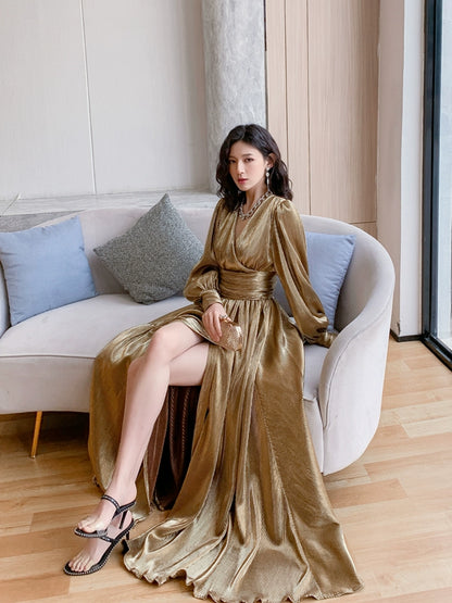 DOLLY Elegant Retro Gold Deep V-Neck Long Puff Sleeve Long Slit Award Dress-HUGO
