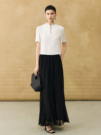 HECO Chinese Flower Embossed Disc Buckle Short Sleeve T-Shirt - BOND.