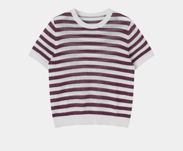 SUSHE light hollow texture striped short-sleeved knit sweater new stretch loose top -BESS