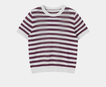 SUSHE light hollow texture striped short-sleeved knit sweater new stretch loose top -BESS