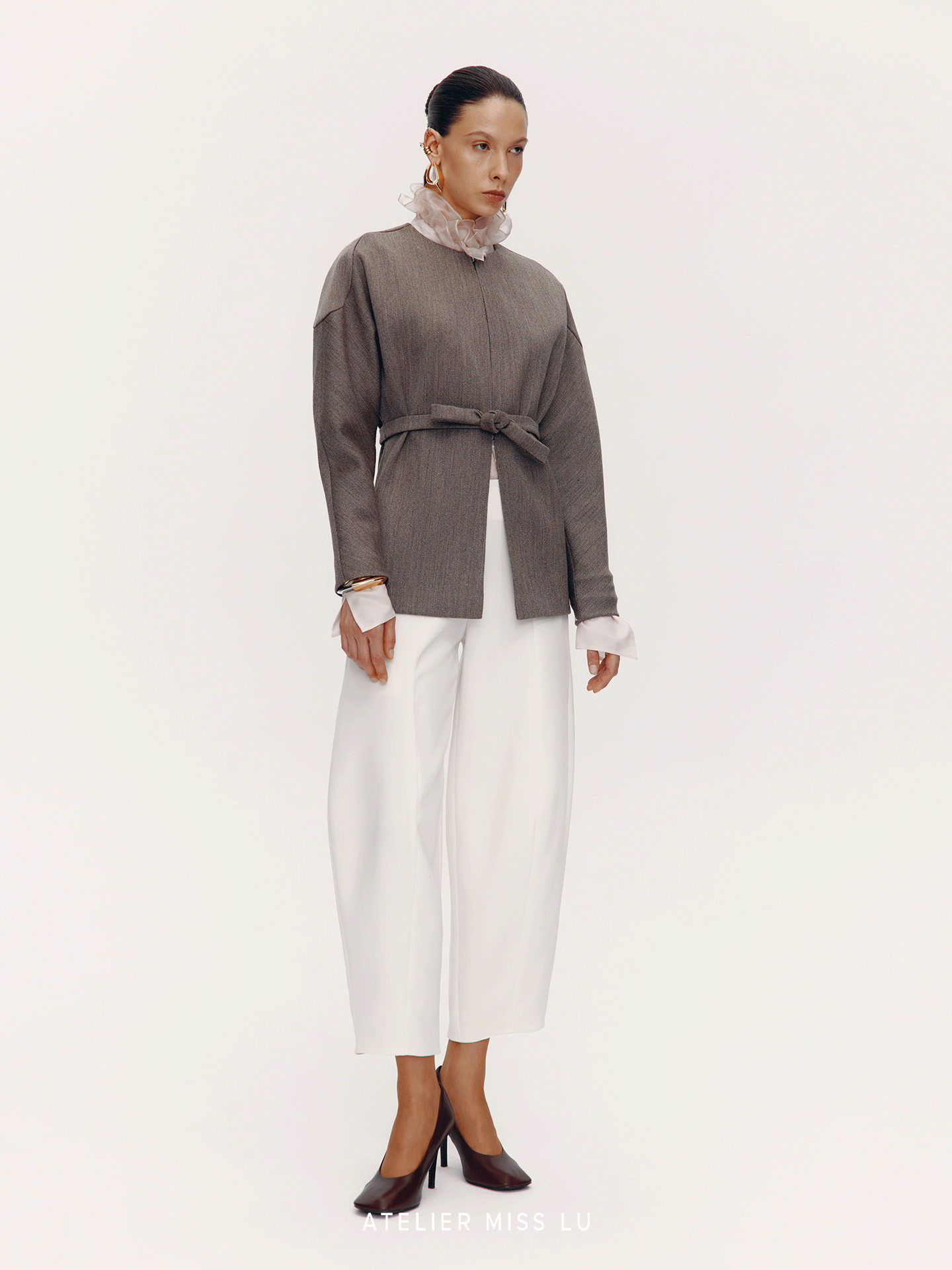 ATELIER MISS LU Curved silhouette sheep wool belt coat - PLEA