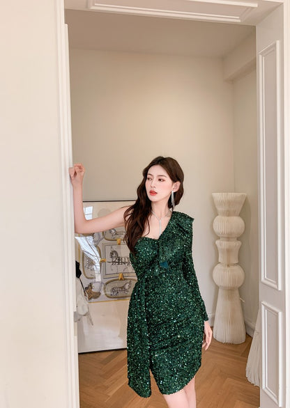 DOLLY Luxury White Sequined Slant Collar Off Shoulder Long Sleeve Dinner Dress-KAKA