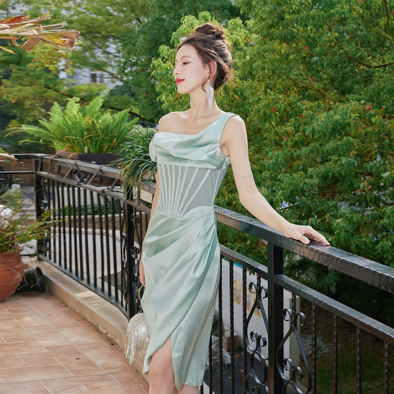 DOLLY Elegant French Style Herringbone One Shoulder Irregular Hem Dinner Dress-SALOMI