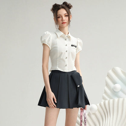 CHECOCRE Stubble sweet cool girly suit dark gray pleated skirt - MEDE.