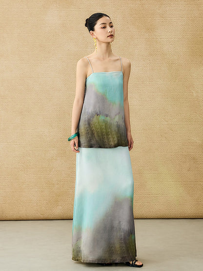 HECO Chinese Style Smudge Human Silk Camisole Cool and Breathable Seaside T - PALM.