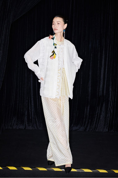 M essential Mackay designer polka dot silk cotton elasticated wide-leg trousers - YVONE.