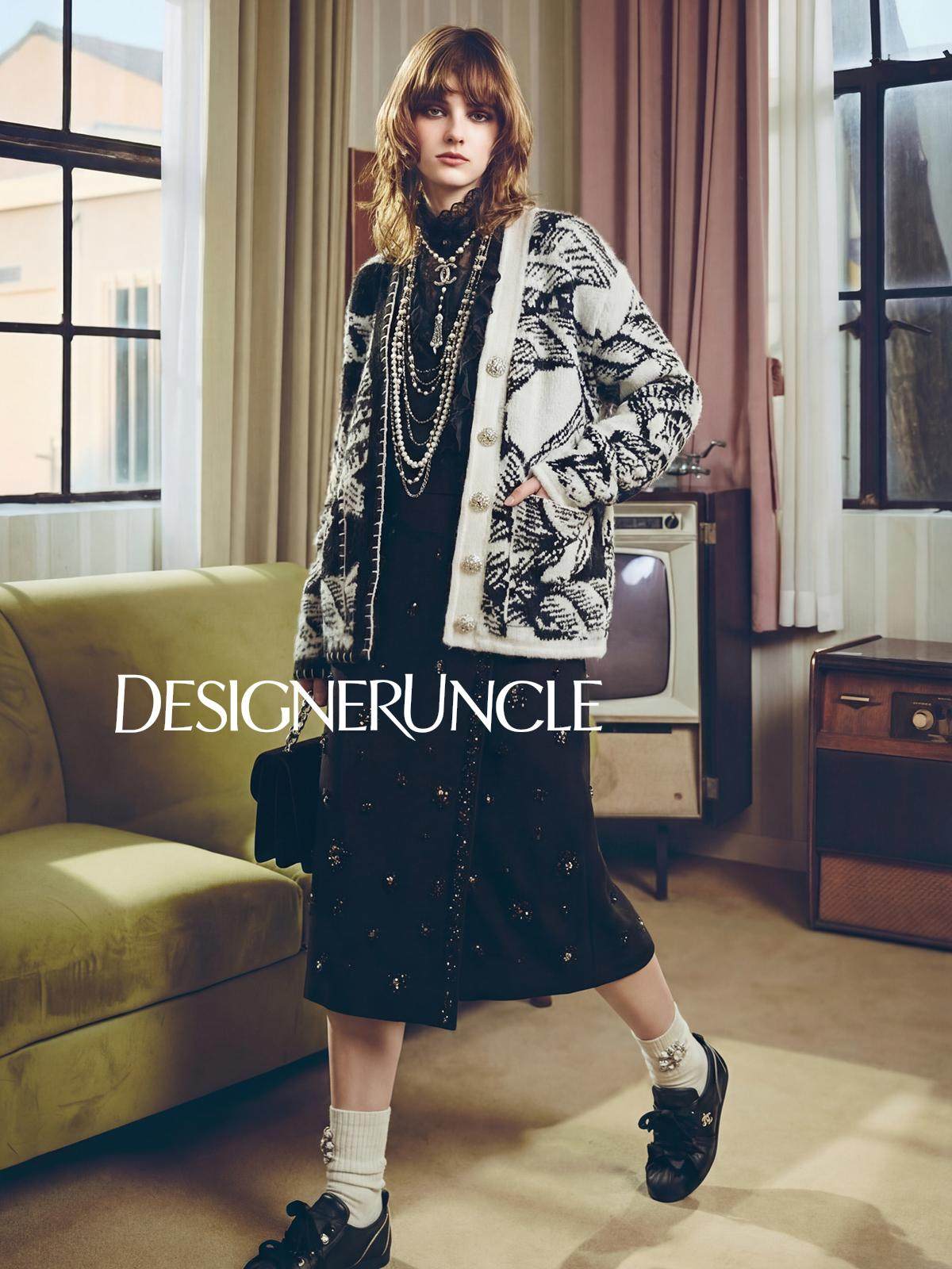 DGU×LAB\ Black Knitted Loose Jacquard V-Neck Stitched Lazy Knitted Jacket - BORD'