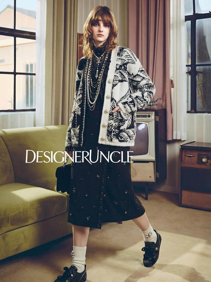 DGU×LAB\ Black Knitted Loose Jacquard V-Neck Stitched Lazy Knitted Jacket - BORD'