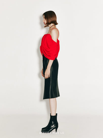 ATELIER MISS LU irregular draped design off-the-shoulder suspender top - KING.