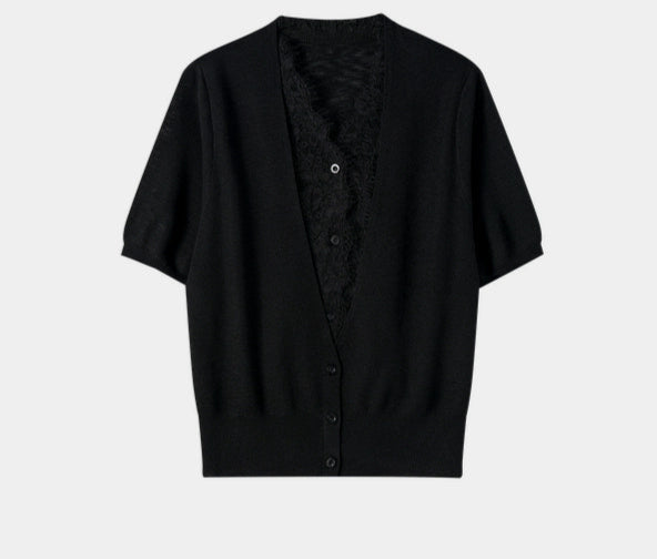 SUSHE LACE STITCHING V-NECK FIVE-QUARTER SLEEVES TWO-PIECE KNITTED TOP-EVA