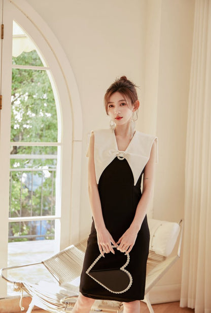 DOLLY Luxury Black Retro French Style Color Contrast Sleeveless Slim Fit Short Dress-ORLA