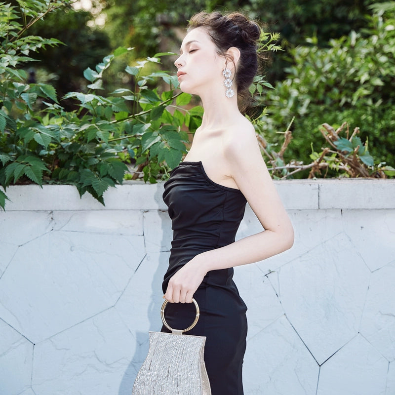 DOLLY Luxury Black Retro Chest Wrap Sleeveless Pleated Slim Fit Mermaid Dinner Dress-IVORY