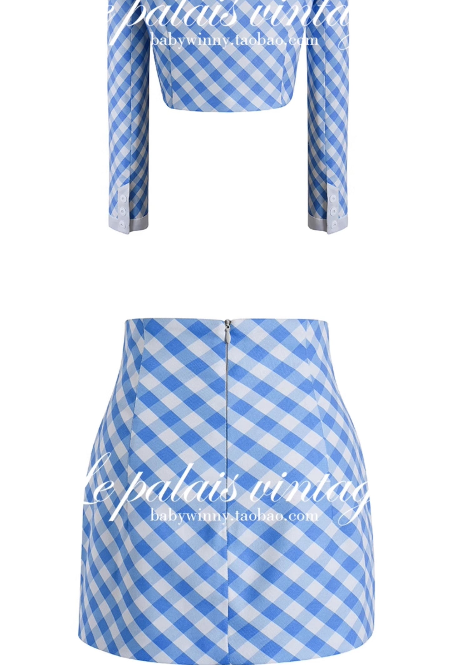 Le Palais  Blue Plaid Small Fragrance Thin Short Coat + Short Skirt- Yuno