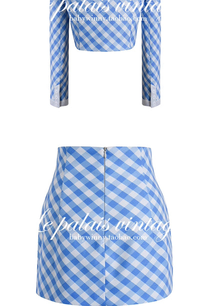 Le Palais  Blue Plaid Small Fragrance Thin Short Coat + Short Skirt- Yuno