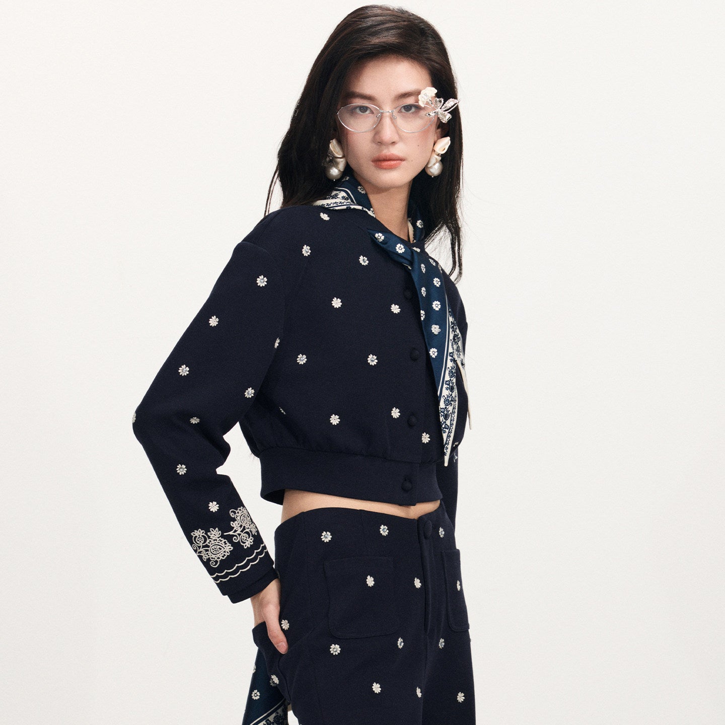 FAME Hepburn Beaded Printed Silk Scarf Embroidered Sweatshirt Jacket