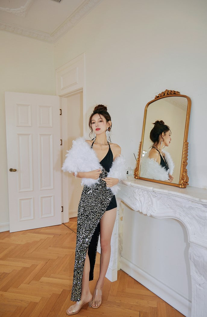 DOLLY Luxury Black Sleeveless Sequin Halter Neck Irregular Hem Sexy Cocktail Dress-ANASTASIA