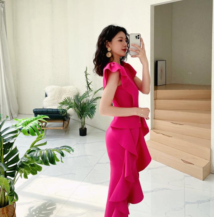 DOLLY Luxury V-Neck Short Sleeve High waist Slim Fit Irregular Hem Date Dress-LISA