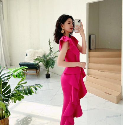 DOLLY Luxury V-Neck Short Sleeve High waist Slim Fit Irregular Hem Date Dress-LISA