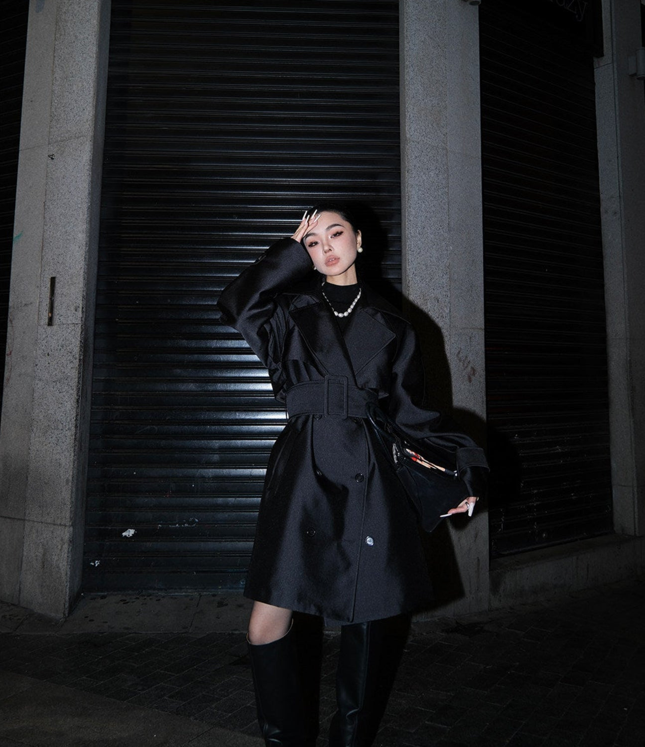 MEI SANGUAN Black double-breasted belted trench coat - BRIAN